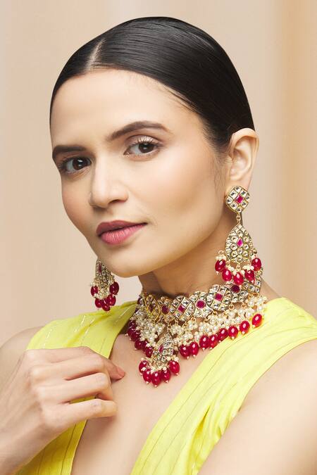 Buy_Moh-Maya By Disha Khatri_Gold Plated Pearls, Beads, Diamonds Drop Choker Set _Online_at_Aza_Fashions