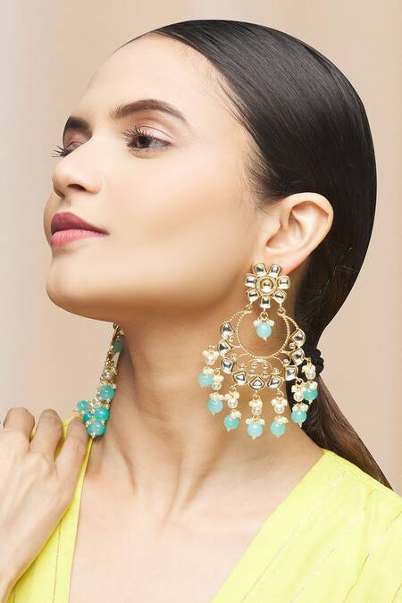 Moh-Maya By Disha Khatri Blue Pearls, Metallic Thread, Beads, Zari Kundan Drop Danglers Online at Aza Fashions Moh-Maya By Disha Khatri_Blue Pearls, Metallic Thread, Beads, Zari Kundan Drop Danglers_Online_at_Aza_Fashions