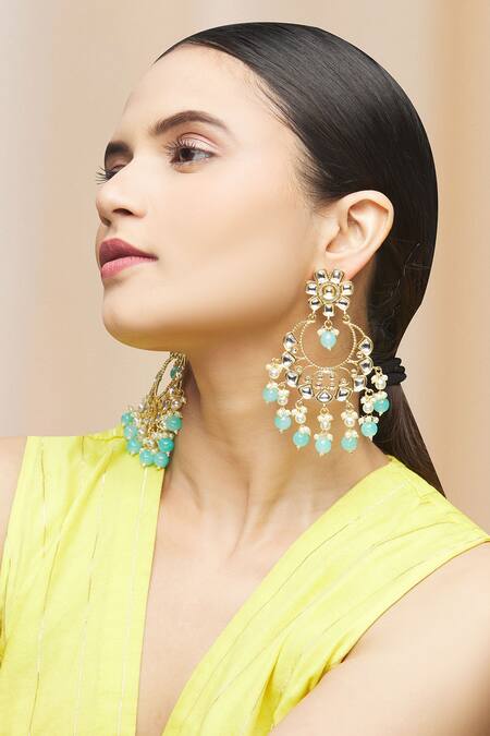 Buy Moh-Maya By Disha Khatri Blue Pearls, Metallic Thread, Beads, Zari Kundan Drop Danglers Online at Aza Fashions Buy_Moh-Maya By Disha Khatri_Blue Pearls, Metallic Thread, Beads, Zari Kundan Drop Danglers_Online_at_Aza_Fashions