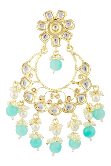 Shop Moh-Maya By Disha Khatri Blue Pearls, Metallic Thread, Beads, Zari Kundan Drop Danglers Online at Aza Fashions Shop_Moh-Maya By Disha Khatri_Blue Pearls, Metallic Thread, Beads, Zari Kundan Drop Danglers_Online_at_Aza_Fashions