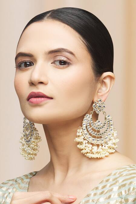 Shop_Moh-Maya By Disha Khatri_Gold Plated Pearls, Gota Patti Kundan Chandbalis _at_Aza_Fashions