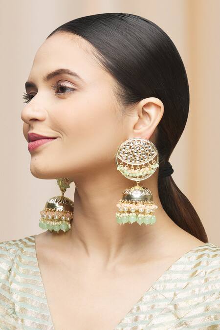Moh-Maya By Disha Khatri_Gold Plated Pearls, Beads, Crystals Kundan Drop Jhumkas _Online_at_Aza_Fashions