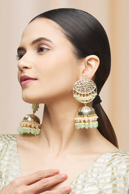 Buy_Moh-Maya By Disha Khatri_Gold Plated Pearls, Beads, Crystals Kundan Drop Jhumkas _Online_at_Aza_Fashions