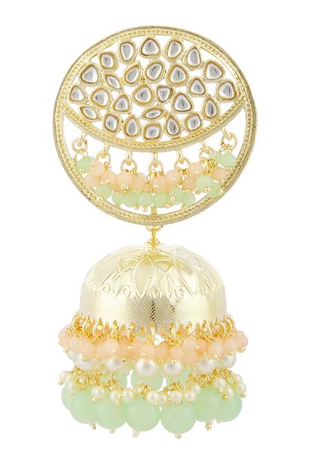 Shop_Moh-Maya By Disha Khatri_Gold Plated Pearls, Beads, Crystals Kundan Drop Jhumkas _Online_at_Aza_Fashions