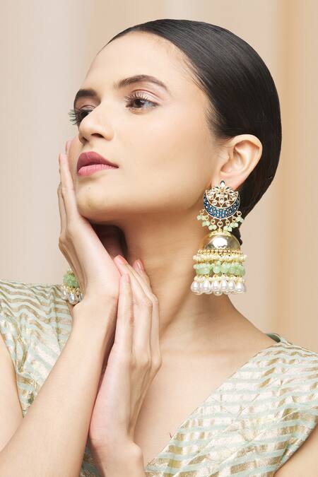 Buy_Moh-Maya By Disha Khatri_Gold Plated Pearls, Beads, Gota Patti Meenakari Blue Drop Jhumkas_Online_at_Aza_Fashions