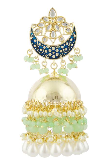 Shop_Moh-Maya By Disha Khatri_Gold Plated Pearls, Beads, Gota Patti Meenakari Blue Drop Jhumkas_Online_at_Aza_Fashions