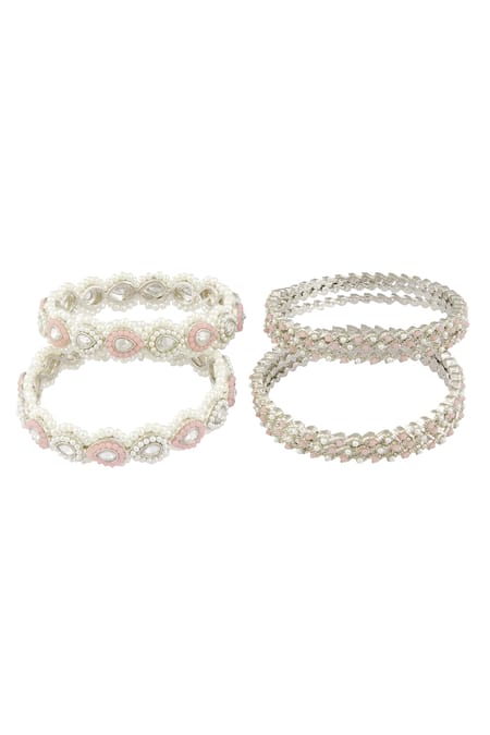 Shop Moh-Maya By Disha Khatri Silver Plated Pearls, Diamonds Studded Bangles - Set Of 8 Online at Aza Fashions Shop_Moh-Maya By Disha Khatri_Silver Plated Pearls, Diamonds Studded Bangles - Set Of 8 _Online_at_Aza_Fashions