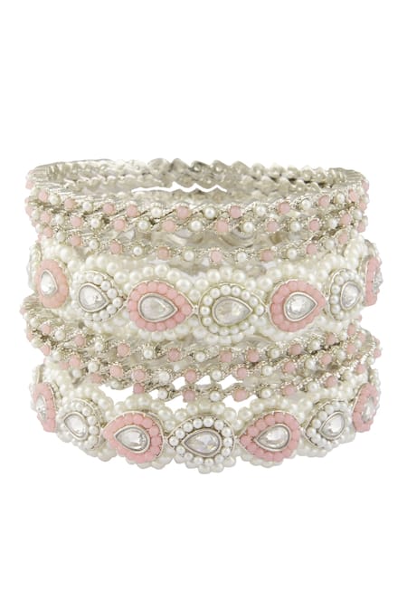 Moh-Maya By Disha Khatri Silver Plated Pearls, Diamonds Studded Bangles - Set Of 8 at Aza Fashions Moh-Maya By Disha Khatri_Silver Plated Pearls, Diamonds Studded Bangles - Set Of 8 _at_Aza_Fashions