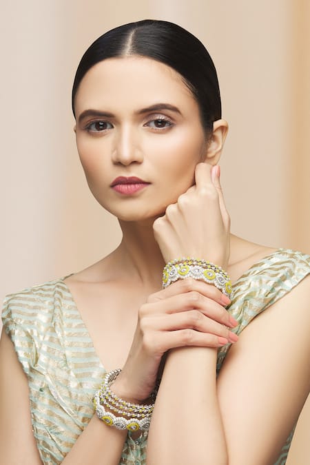 Buy Moh-Maya By Disha Khatri Silver Plated Pearls, Diamonds Studded Bangles - Set Of 8 Online at Aza Fashions Buy_Moh-Maya By Disha Khatri_Silver Plated Pearls, Diamonds Studded Bangles - Set Of 8 _Online_at_Aza_Fashions