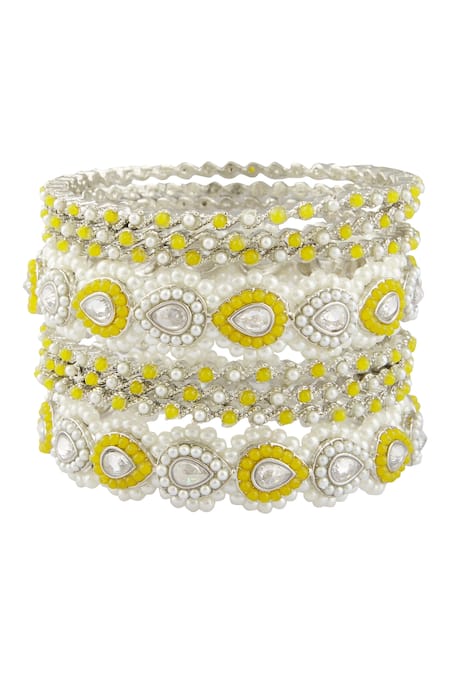 Shop Moh-Maya By Disha Khatri Silver Plated Pearls, Diamonds Studded Bangles - Set Of 8 Online at Aza Fashions Shop_Moh-Maya By Disha Khatri_Silver Plated Pearls, Diamonds Studded Bangles - Set Of 8 _Online_at_Aza_Fashions