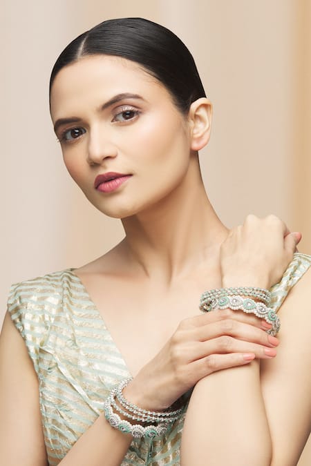 Moh-Maya By Disha Khatri Silver Plated Pearls, Diamonds Studded Bangles - Set Of 8 Online at Aza Fashions Moh-Maya By Disha Khatri_Silver Plated Pearls, Diamonds Studded Bangles - Set Of 8 _Online_at_Aza_Fashions