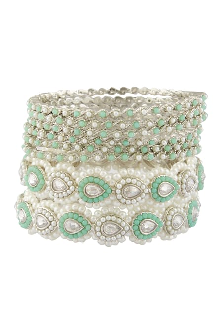 Shop Moh-Maya By Disha Khatri Silver Plated Pearls, Diamonds Studded Bangles - Set Of 8 Online at Aza Fashions Shop_Moh-Maya By Disha Khatri_Silver Plated Pearls, Diamonds Studded Bangles - Set Of 8 _Online_at_Aza_Fashions