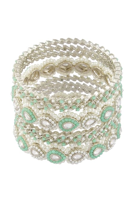 Moh-Maya By Disha Khatri Silver Plated Pearls, Diamonds Studded Bangles - Set Of 8 at Aza Fashions Moh-Maya By Disha Khatri_Silver Plated Pearls, Diamonds Studded Bangles - Set Of 8 _at_Aza_Fashions