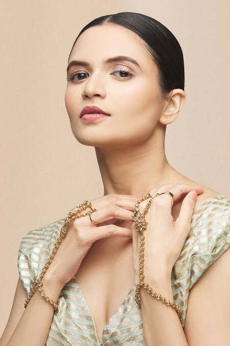 Moh-Maya By Disha Khatri_Gold Plated Imitation Diamonds Floral Studded Hathphool - Set Of 2 _Online_at_Aza_Fashions