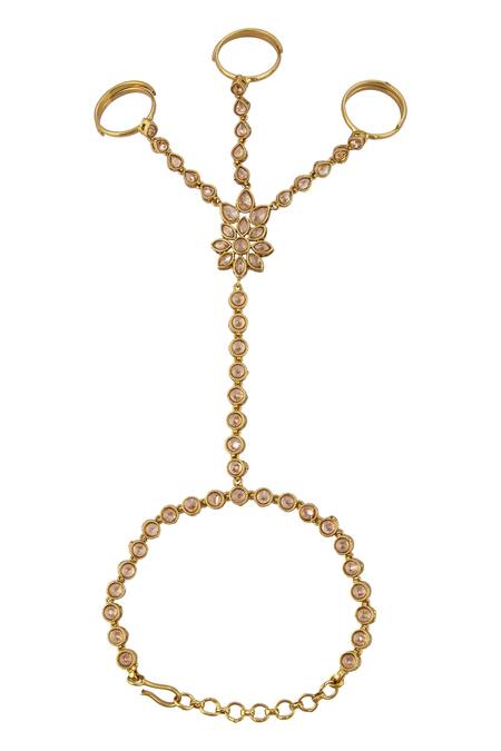 Shop_Moh-Maya By Disha Khatri_Gold Plated Imitation Diamonds Floral Studded Hathphool - Set Of 2 _Online_at_Aza_Fashions