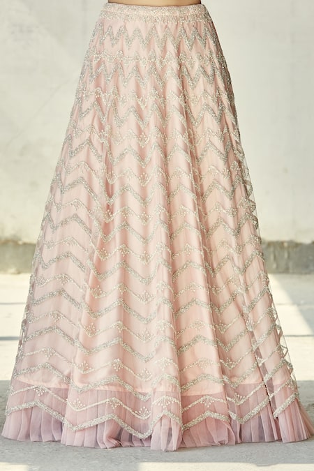 Ariyana By Aza_Pink Chiffon, Silk Embroidery, Tassels Round Neck Bridal Lehenga Set _at_Aza_Fashions