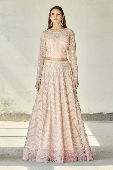 Ariyana By Aza_Pink Chiffon, Silk Embroidery, Tassels Round Neck Bridal Lehenga Set _Online_at_Aza_Fashions