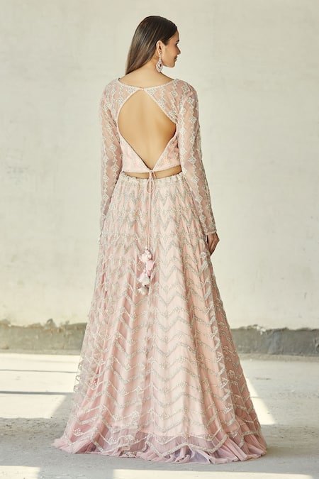 Shop_Ariyana By Aza_Pink Chiffon, Silk Embroidery, Tassels Round Neck Bridal Lehenga Set _at_Aza_Fashions