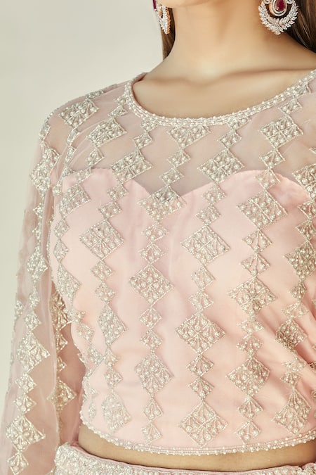 Shop_Ariyana By Aza_Pink Chiffon, Silk Embroidery, Tassels Round Neck Bridal Lehenga Set _Online_at_Aza_Fashions