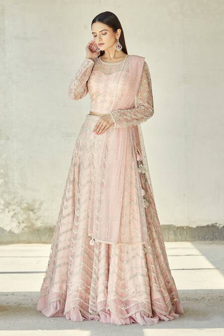 Buy_Ariyana By Aza_Pink Chiffon, Silk Embroidery, Tassels Round Neck Bridal Lehenga Set _Online_at_Aza_Fashions