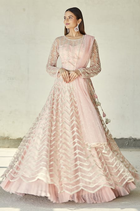 Aariyana Couture Pink Butterfly Net Round Embroidered Bridal Lehenga Set 