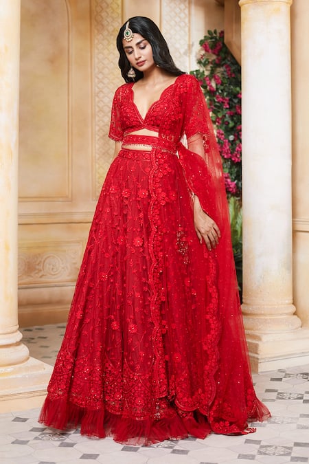 Buy_Ariyana by Aza_Red Silk, Net Embroidery V-neck Bridal Lehenga Set _Online_at_Aza_Fashions