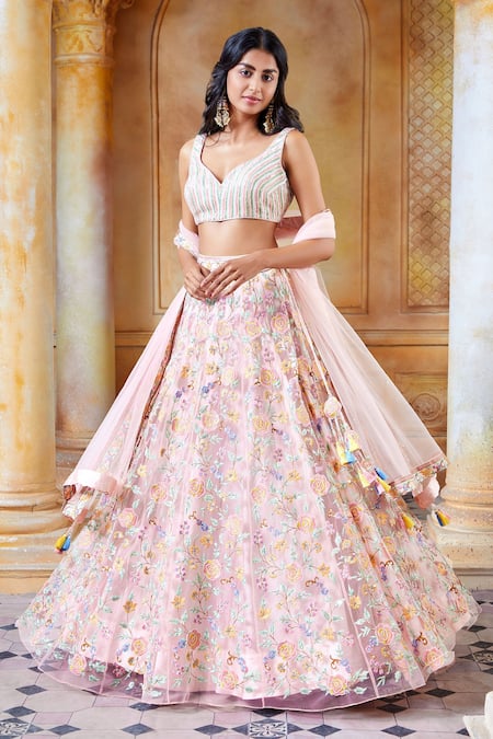 Floral Buy Latest Peach Color Lehenga Choli with Fancy Dupatta collection,