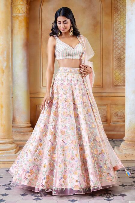 Shop Aariyana Couture Peach Leatherette, Net, Silk Pearls, Beads, Embroidered Bridal Lehenga Set Online at Aza Fashions Shop_Aariyana Couture_Peach Leatherette, Net, Silk Pearls, Beads, Embroidered Bridal Lehenga Set_Online_at_Aza_Fashions