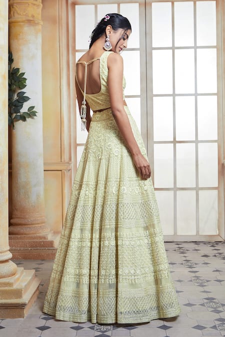 Ariyana By Aza_Yellow Net Embroidery Square Neck Bridal Lehenga Set _Online_at_Aza_Fashions