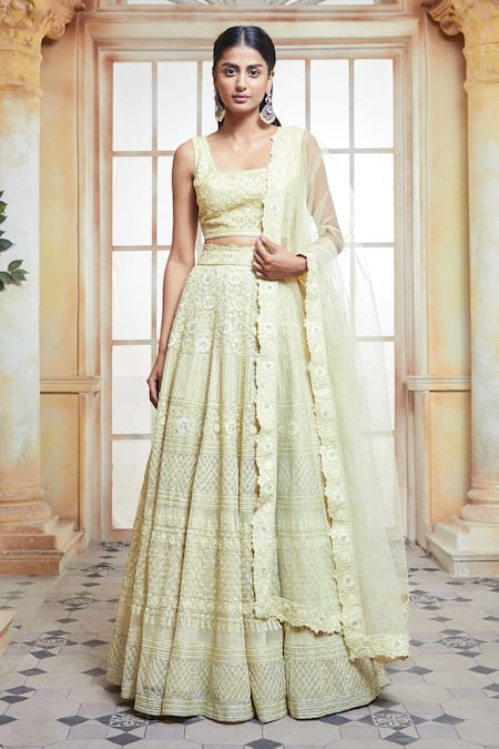 Shop_Ariyana By Aza_Yellow Net Embroidery Square Neck Bridal Lehenga Set _Online_at_Aza_Fashions