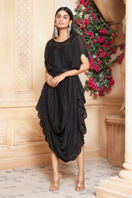 Buy_Aariyana Couture_Black Embroidery, Tassels Round Neck Cowl Draped Tunic_Online_at_Aza_Fashions