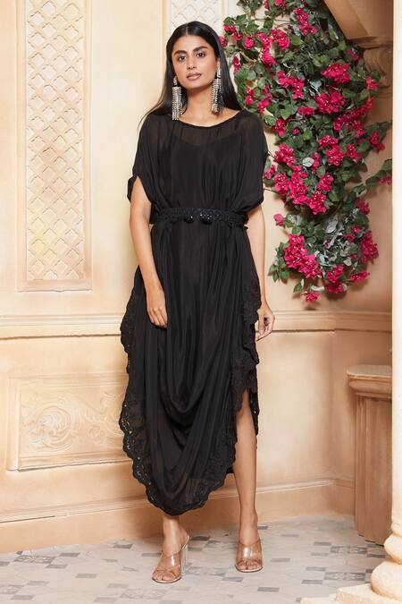 Shop_Aariyana Couture_Black Embroidery, Tassels Round Neck Cowl Draped Tunic_Online_at_Aza_Fashions