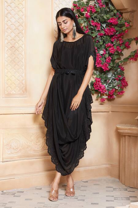 Aariyana Couture_Black Embroidery, Tassels Round Neck Cowl Draped Tunic_at_Aza_Fashions