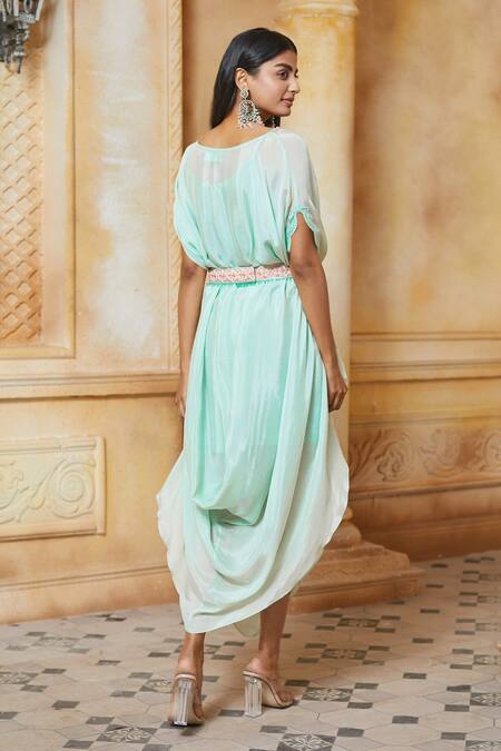 Shop Aariyana Couture Green Chiffon Embroidery Round Neck Cowl Draped Tunic at Aza Fashions Shop_Aariyana Couture_Green Chiffon Embroidery Round Neck Cowl Draped Tunic_at_Aza_Fashions