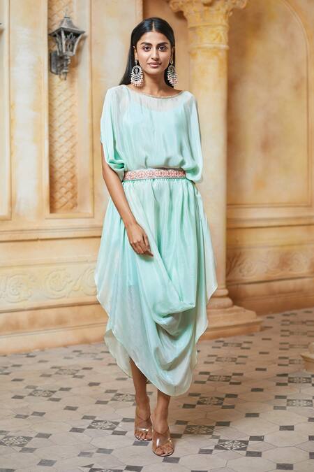 Aariyana Couture Green Chiffon Embroidery Round Neck Cowl Draped Tunic Online at Aza Fashions Aariyana Couture_Green Chiffon Embroidery Round Neck Cowl Draped Tunic_Online_at_Aza_Fashions