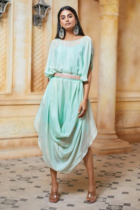 Buy Aariyana Couture Green Chiffon Embroidery Round Neck Cowl Draped Tunic Online at Aza Fashions Buy_Aariyana Couture_Green Chiffon Embroidery Round Neck Cowl Draped Tunic_Online_at_Aza_Fashions