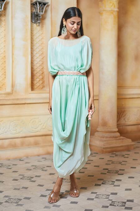 Shop Aariyana Couture Green Chiffon Embroidery Round Neck Cowl Draped Tunic Online at Aza Fashions Shop_Aariyana Couture_Green Chiffon Embroidery Round Neck Cowl Draped Tunic_Online_at_Aza_Fashions