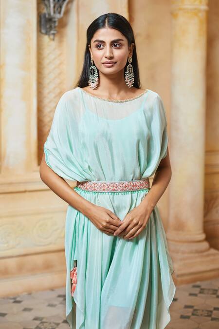 Aariyana Couture Green Chiffon Embroidery Round Neck Cowl Draped Tunic at Aza Fashions Aariyana Couture_Green Chiffon Embroidery Round Neck Cowl Draped Tunic_at_Aza_Fashions