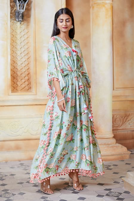 Aariyana Couture_Green Tassels V-neck Floral Print Kaftan Tunic_Online_at_Aza_Fashions