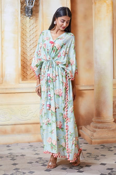 Buy_Aariyana Couture_Green Tassels V-neck Floral Print Kaftan Tunic_Online_at_Aza_Fashions