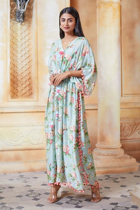 Shop_Aariyana Couture_Green Tassels V-neck Floral Print Kaftan Tunic_Online_at_Aza_Fashions