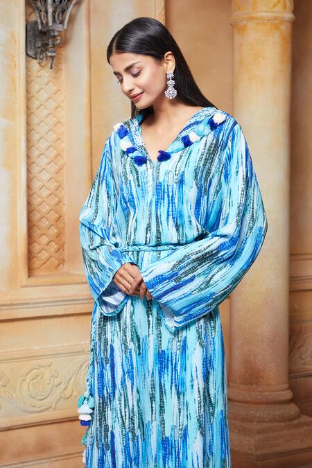 Buy_Aariyana Couture_Blue Tassels V-neck Printed Tunic_Online_at_Aza_Fashions