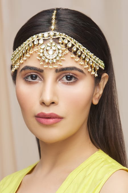 Buy_Zevar By Geeta_Gold Plated Kundan Crescent Moon Mathapatti _Online_at_Aza_Fashions