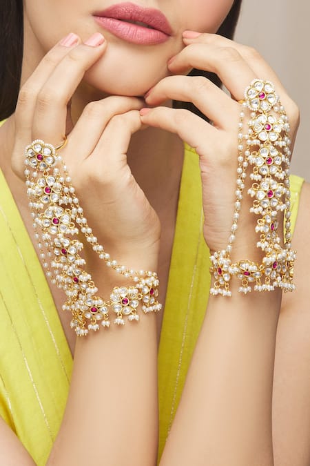 Shop_Zevar By Geeta_Gold Plated Pearls Kundan Haathphool - Set Of 2 _Online_at_Aza_Fashions