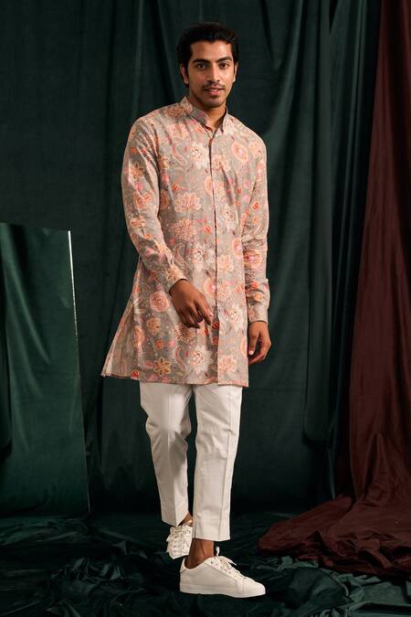 Project Bandi_Grey Malai Cotton Printed Floral Garden Pattern Kurta Set _Online_at_Aza_Fashions