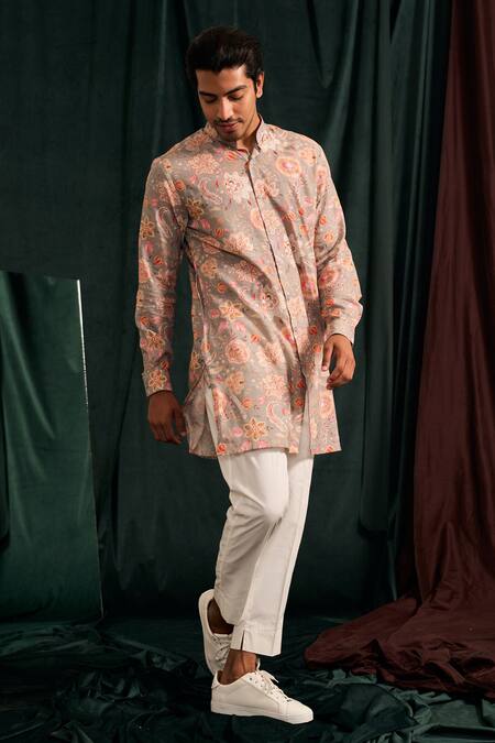 Buy_Project Bandi_Grey Malai Cotton Printed Floral Garden Pattern Kurta Set _Online_at_Aza_Fashions