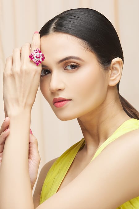 Buy_Ananta Jewels_Gold Plated Cubic Zirconia Floral Ring _Online_at_Aza_Fashions