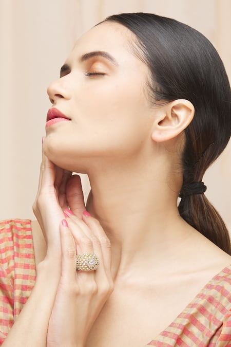 Buy_Ananta Jewels_Gold Plated Cubic Zirconia Mesh Ring _Online_at_Aza_Fashions