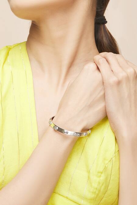 Shop_Ananta Jewels_Silver Plated Cubic Zirconia Geometric Motif Bangle _Online_at_Aza_Fashions