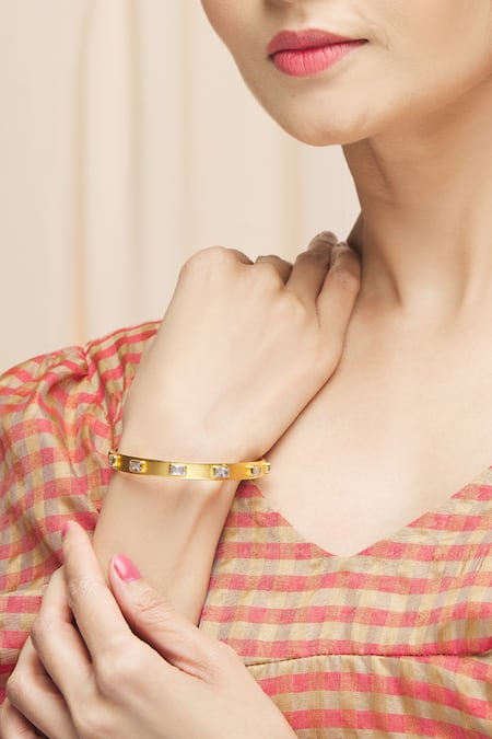 Shop Ananta Jewels Gold Plated Cubic Zirconia Geometric Motif Bangle Online at Aza Fashions Shop_Ananta Jewels_Gold Plated Cubic Zirconia Geometric Motif Bangle _Online_at_Aza_Fashions